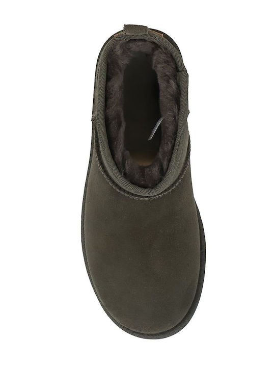 Ghete Dama De Piele Ankle Boots Cu Blană Kaki