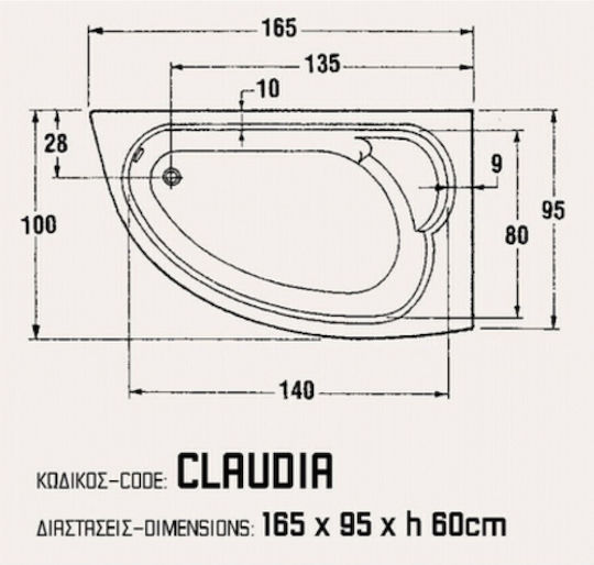 Sanitec Claudia Лява гърба на ваната Акрил 165x95см