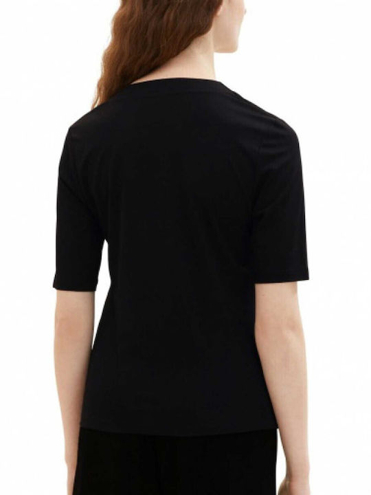 Tom Tailor Damen Sommer Bluse Kurzärmelig mit V-Ausschnitt Schwarz