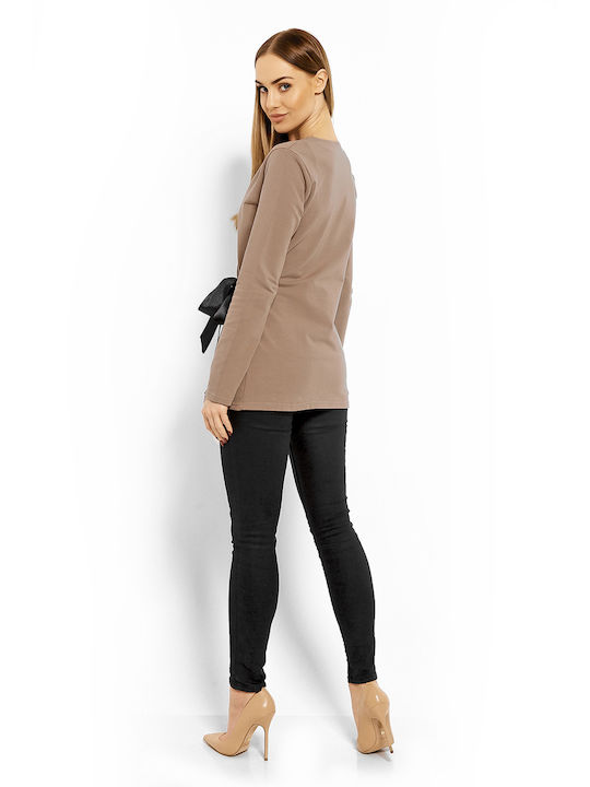 PeeKaBoo 1626 Damen Bluse Baumwolle Langärmelig mit V-Ausschnitt Beige 113250