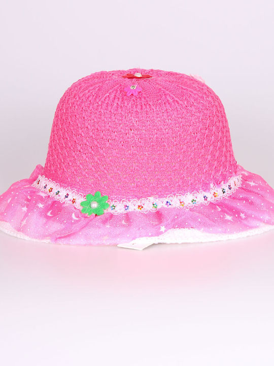 Καπέλο παιδικό καλοκαιρινό 100% ψαθί one size με λουλούδι φούξια λευκό