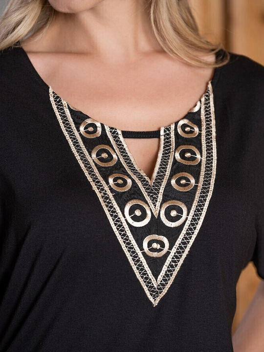 Women's Summer Blouse Short Sleeve with V Neckline Black