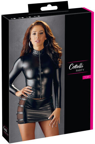 Cottelli Collection Wetlook Langarm-Top Mit Reißverschluss Schwarz