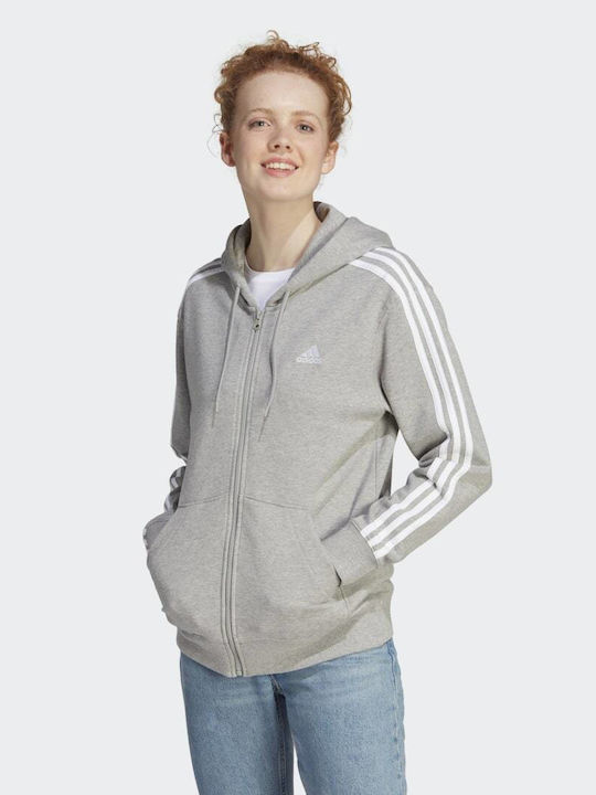 Essentials 3-Stripes French Terry Γυναικεία Ζακέτα Φούτερ με Κουκούλα Γκρι