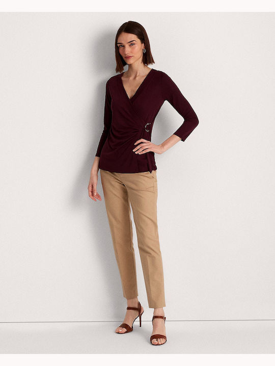 Women's Blouse Long Sleeve with V Neckline Burgundy