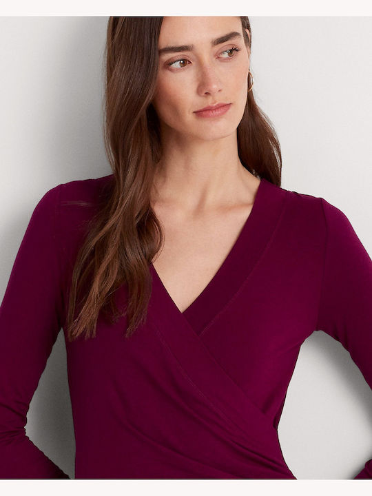 Alayja Surplice Women's Blouse with 3/4 Sleeve & V Neckline Burgundy