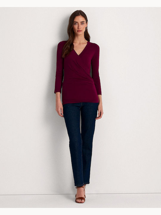 Alayja Surplice Women's Blouse with 3/4 Sleeve & V Neckline Burgundy