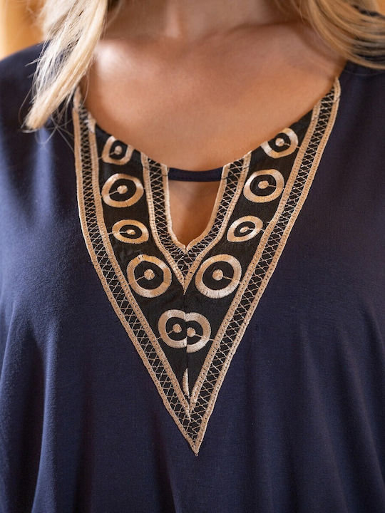 Women's Summer Blouse Short Sleeve with V Neckline Navy Blue