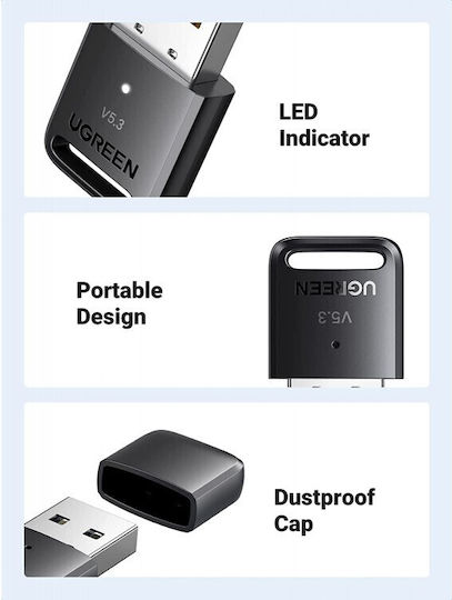 Ugreen USB Bluetooth 5.3 Адаптер с Обхват 10м Черен (90225)