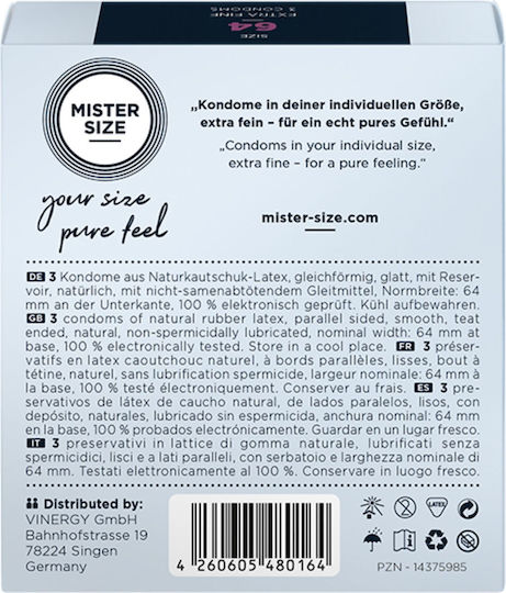 Mister Size Презервативи Extra Fine Size 64mm 3бр 64mm за Големи Размери Тънки за Естествено Усещане Natural Веган