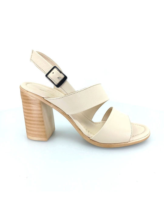 Boxer Leather Women's Sandals Beige with Chunky High Heel