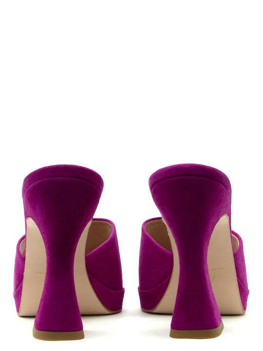 Suede Mules with Chunky High Heel in Fuchsia Color