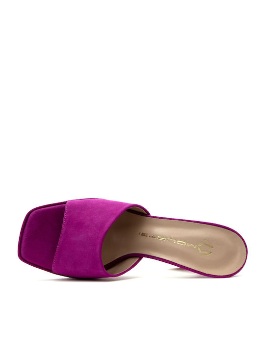Suede Mules with Chunky High Heel in Fuchsia Color