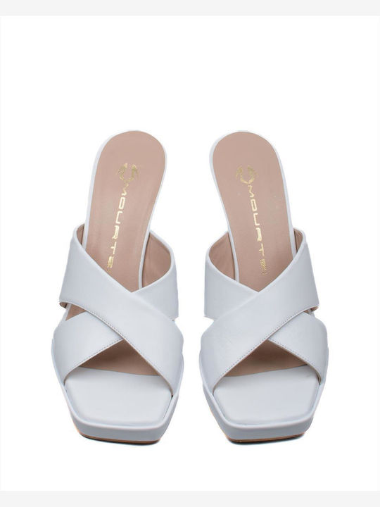 Leather Mules with Chunky High Heel in White Color