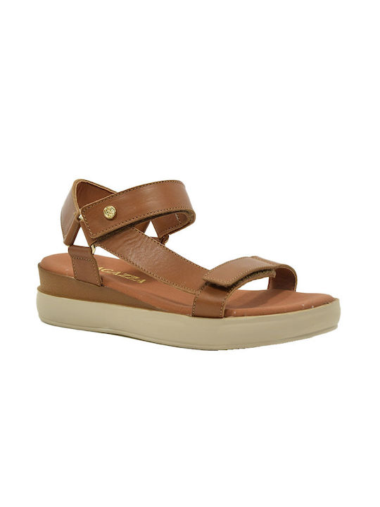 Ragazza 0418-Α Leather Women's Flat Sandals with Strap in Tabac Brown Color