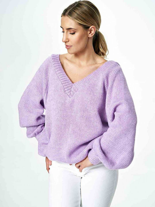 Figl M898 Women's Long Sleeve Sweater Woolen with V Neckline Purple