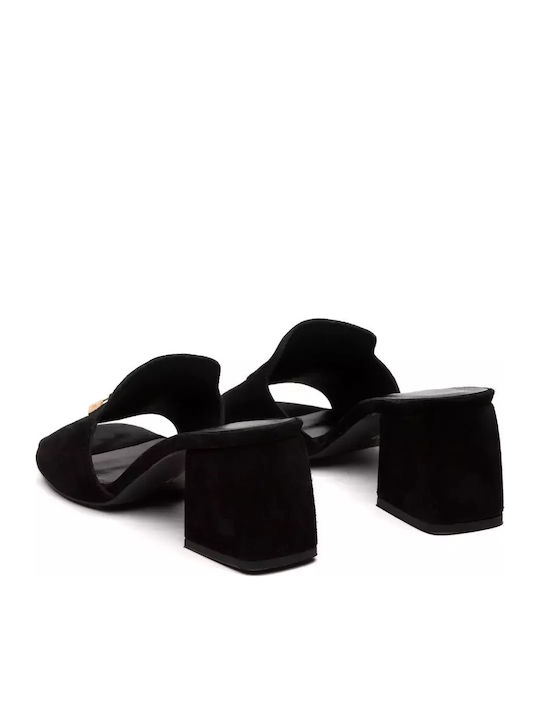 A303 Leather Mules with Chunky Low Heel in Black Color