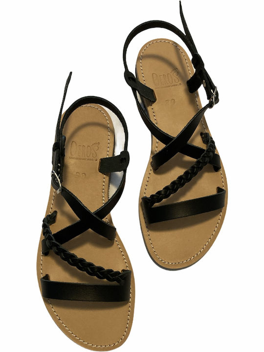 THEROS Greek 100% leather sandal handmade. Code 16. Color BLACK.