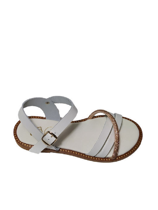 Leather Women's Flat Sandals with Strap in White Color