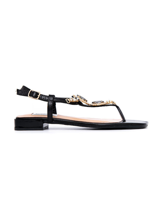 Black flat leather sandals with stones and rhinestones POLITIS