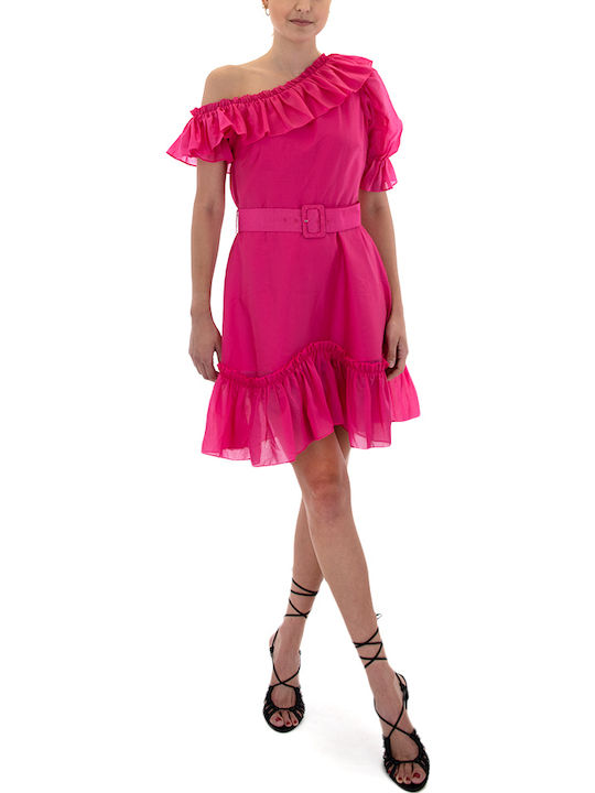 Zinniia Summer Mini Dress for Wedding Christening Off-Shoulder Fuchsia