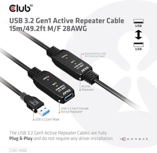 Club3D 15m USB 3.1 Cable A-Male to A-Female (CAC-1406)