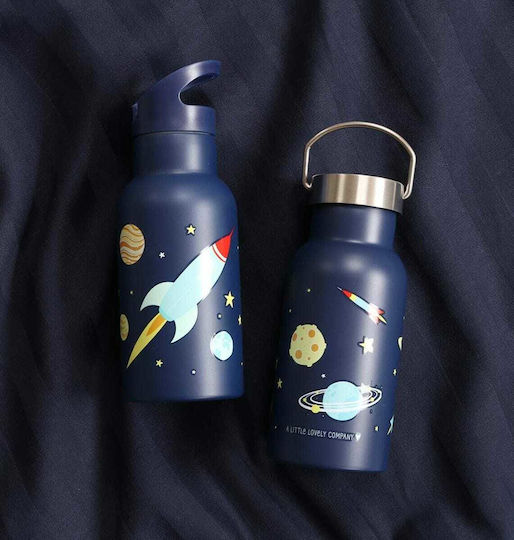 A Little Lovely Company Space Kids Water Bottle Thermos Stainless Steel with Straw Blue 350ml