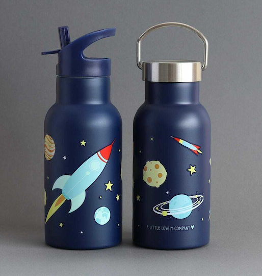 A Little Lovely Company Space Kids Water Bottle Thermos Stainless Steel with Straw Blue 350ml