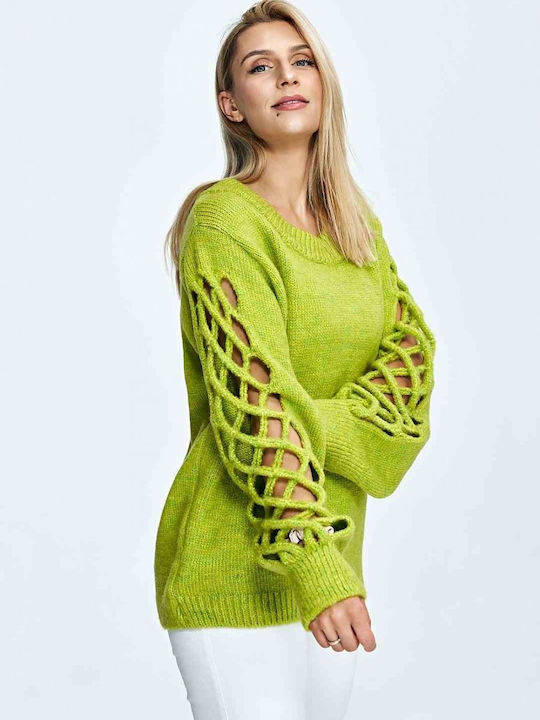 Figl M908 Damen Langarm Pullover Wolle mit V-Ausschnitt Limonka