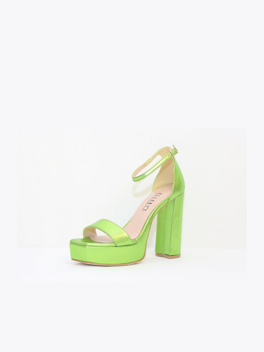 Ellen Platform Fabric Women's Sandals with Ankle Strap Green with Chunky High Heel