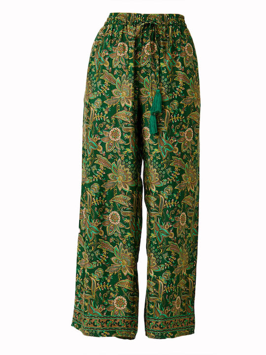 Fullah Sugah Women's High-waisted Cotton Trousers with Elastic Floral Green