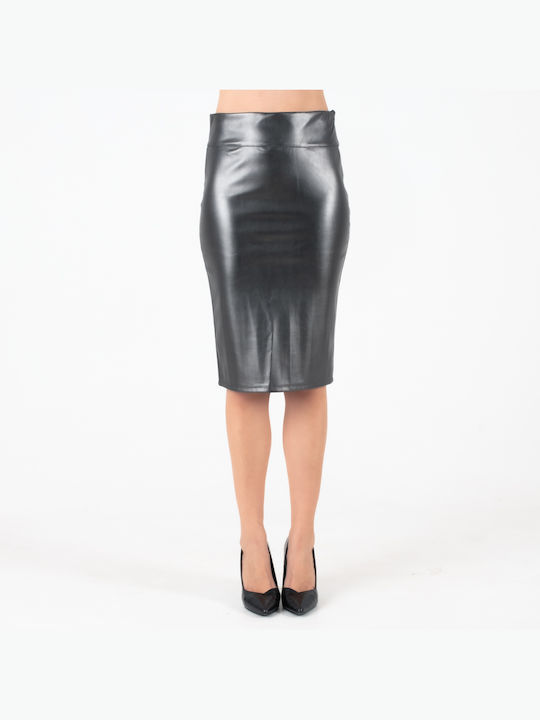 Fullah Sugah Leather Pencil High Waist Midi Skirt in Black color