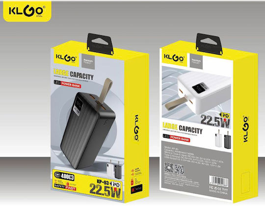 KLGO KP-93 Power Bank 40000mAh 22.5W with 2 USB-A Ports and USB-C Port Power Delivery Black
