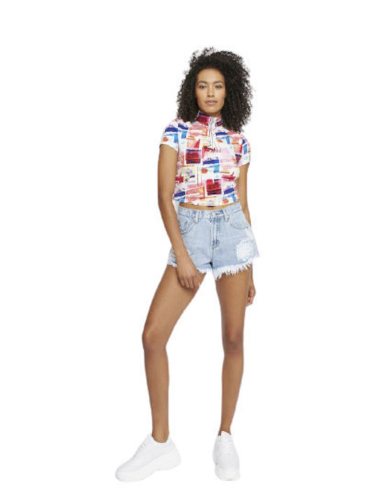 Women's Summer Crop Top Cotton Short Sleeve with Zipper Pink