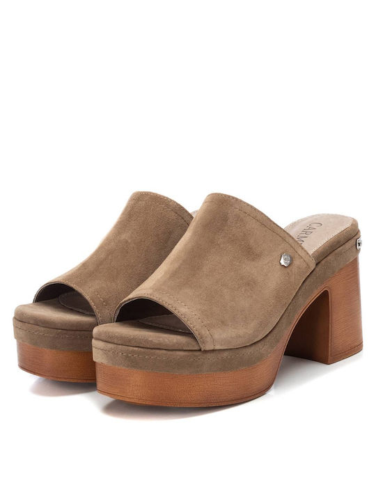 160677 Mules με Χοντρό Ψηλό Τακούνι Taupe