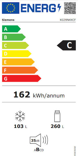 Siemens Хладилник-Фризер 363лт NoFrost В203xШ60xД66.5см. Сив KG39N4XCF