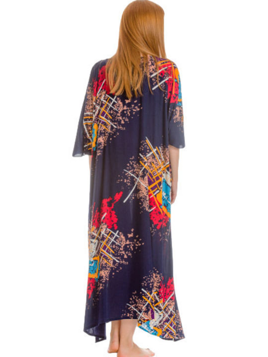 PLUS SIZE DRESS LONG DRESS WITH WIDE SLEEVE VISCOSE WAFFLE WAFFLE RUFFLE BLUE PLUS SIZE