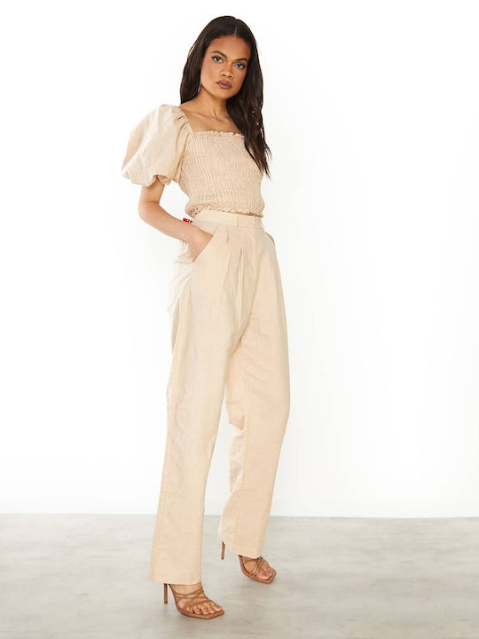 Glamorous Women's High-waisted Cotton Trousers Flare in Regular Fit Beige