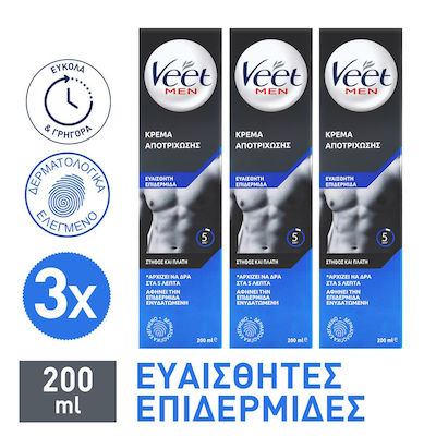 Veet Men Ανδρική Κρέμα Αποτρίχωσης Σώματος για Ευαίσθητες Επιδερμίδες 3x200ml