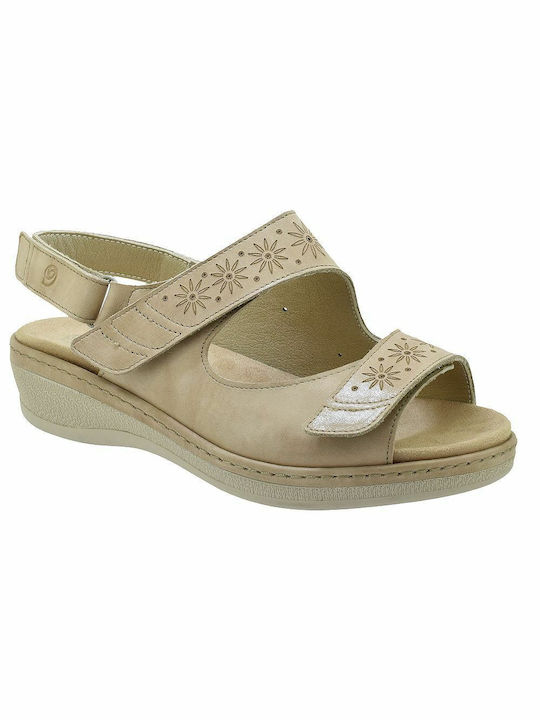 Suave 15000 Leather Women's Flat Sandals Anatomic with Strap in Beige Color