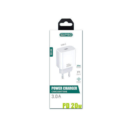 SiiPro Зарядно без кабел с USB-C порт 20W Power Delivery Бял (SD-04)