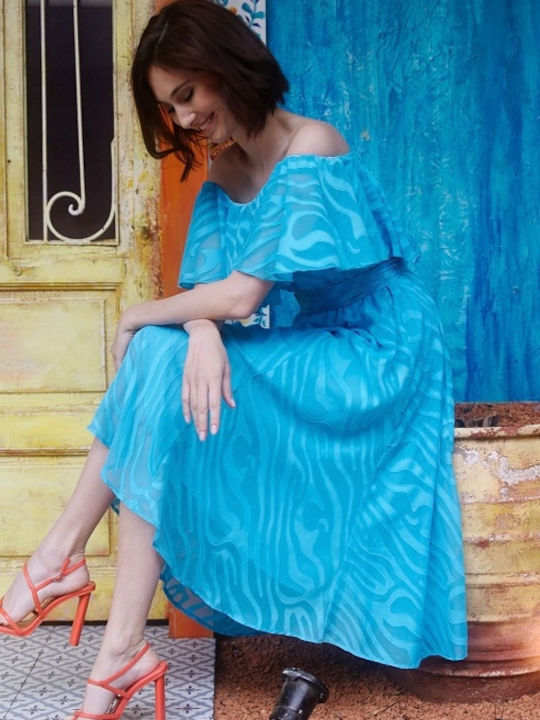 Desiree Summer Midi Dress with Ruffle Turquoise