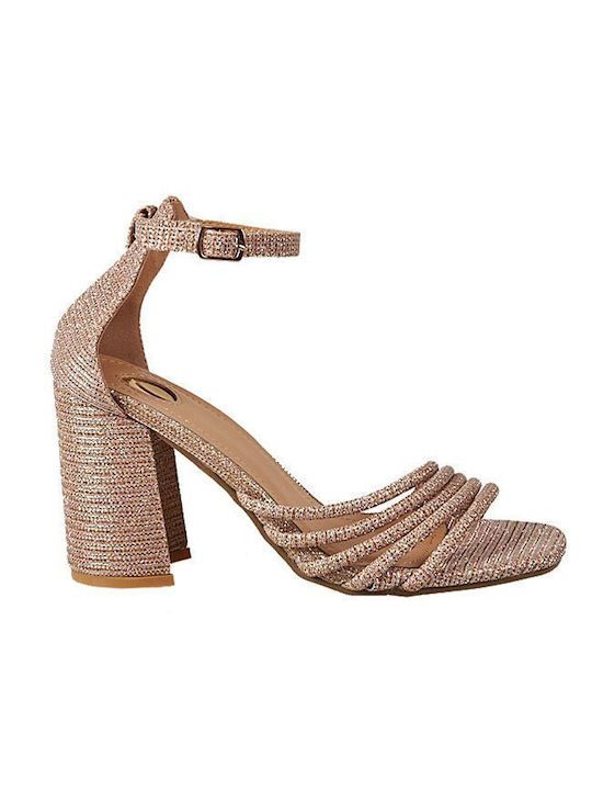 Elenross Women's Sandals with Strass & Ankle Strap Gold with Chunky High Heel