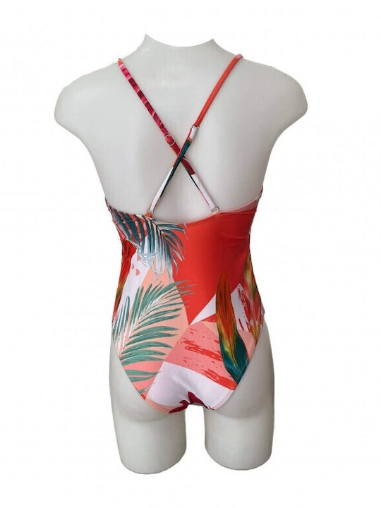 Women's One-piece Swimsuit with Tropical Leaves print in Orange and Salmon shades