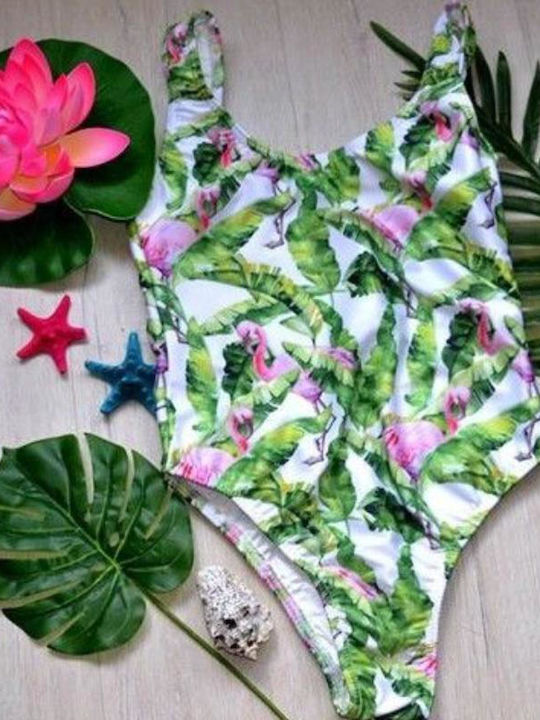 Women's One-piece Swimsuit with Flamingo design in White - Green color