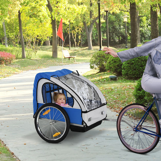 Homcom Kindliches Anhänger Fahrrad 2 Sitzplätze Sicherheitsgurte Stahl Blau Oxford Stoff