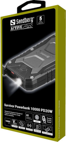 Sandberg Survivor Power Bank 10000mAh 20W με Θύρα USB-A και Θύρα USB-C Power Delivery Μαύρο