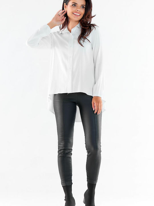 Awama A527 Women's Leather Monochrome Long Sleeve Shirt White