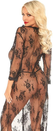 Leg Avenue Long Lace Robe with G-String Sexy Set mit Robe Schwarz