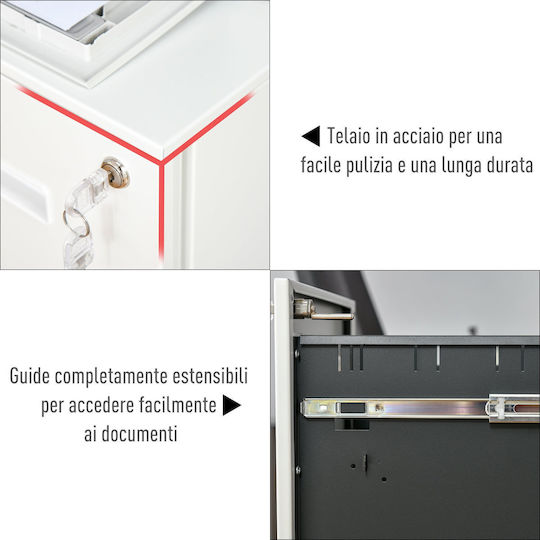 Office Storage Metal Drawer with Wheels, Lock & Drawers White L39xW48xH67cm